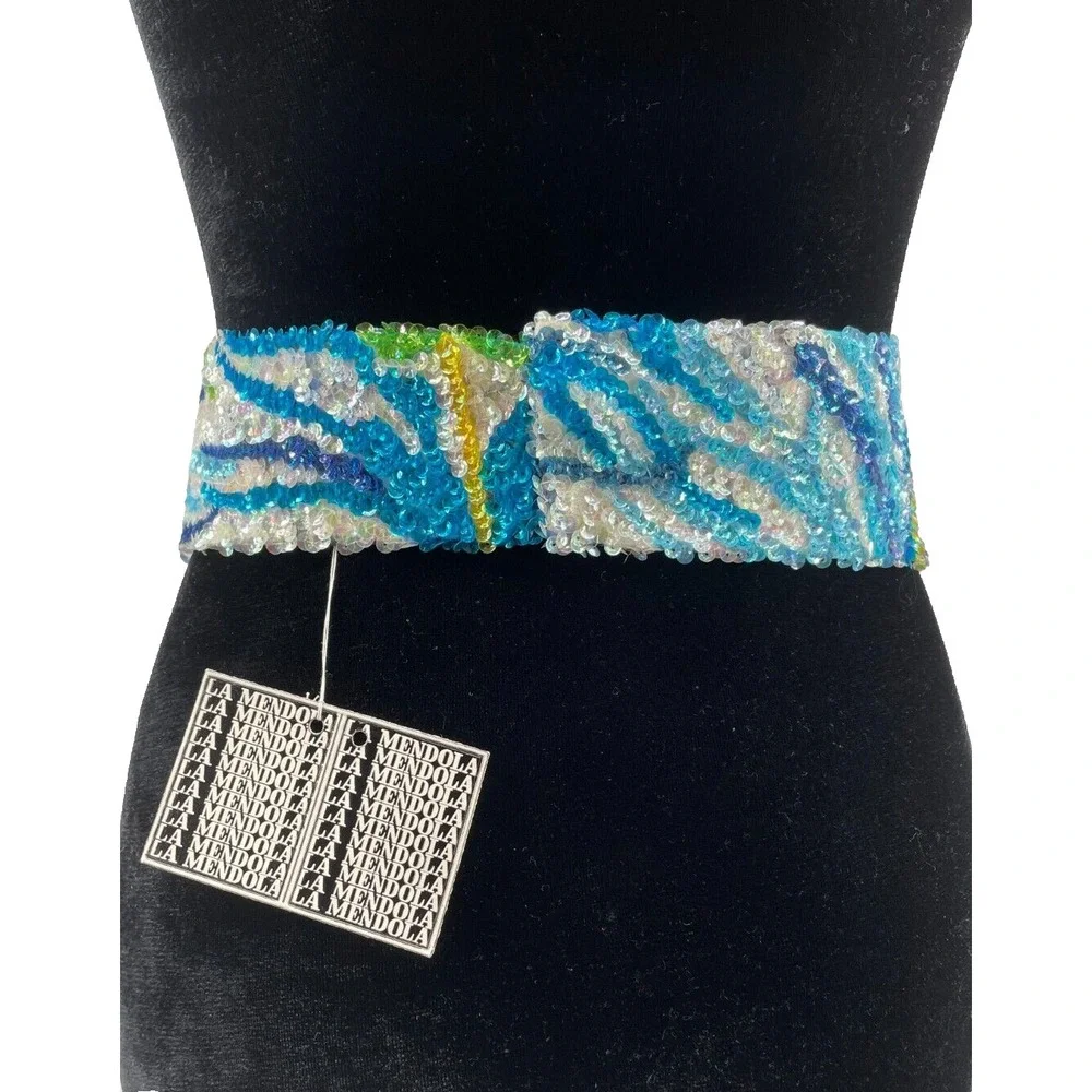 Vintage La Mendola Peacock Retro Hand Beaded Green Pure Silk Chiffon Belt